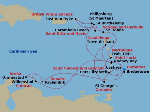 Route map: Bridgetown, Barbados → Rodney Bay, Saint Lucia → Willemstad, Curacao → Oranjestad, Aruba → Kralendijk, Bonaire → Bridgetown, Barbados → Port Elizabeth, Bequia, St. Vincent and the Grenadines → Trois Ilets, Martinique → St. Johns, Antigua and Barbuda → Carambola Beach, Saint Kitts and Nevis