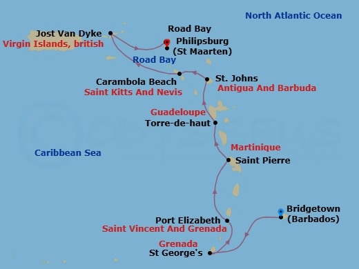 Route map: Bridgetown, Barbados → Saint Georges, Grenada → Port Elizabeth, Bequia, St. Vincent and the Grenadines → Saint Pierre, Martinique → Terre-de-Haut, Iles des Saintes, Guadeloupe → St. Johns, Antigua and Barbuda → Carambola Beach, Saint Kitts and Nevis → Great Harbour, Jost van Dyke, British Virgin Islands → Road Bay, Anguilla → Philipsburg, Sint Maarten