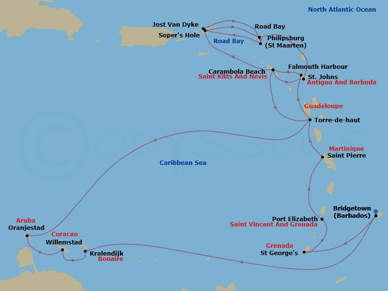 Route map: Bridgetown, Barbados → Saint Georges, Grenada → Port Elizabeth, Bequia, St. Vincent and the Grenadines → Saint Pierre, Martinique → Terre-de-Haut, Iles des Saintes, Guadeloupe → St. Johns, Antigua and Barbuda → Carambola Beach, Saint Kitts and Nevis → Great Harbour, Jost van Dyke, British Virgin Islands → Road Bay, Anguilla → Philipsburg, Sint Maarten