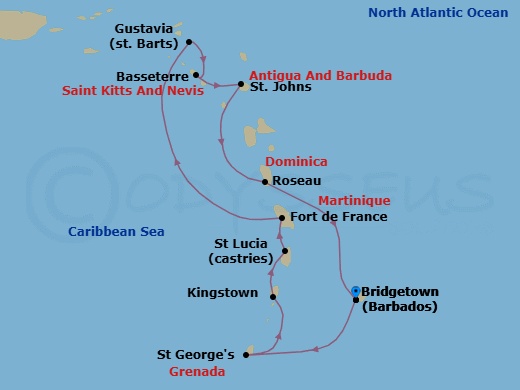 Route map: Bridgetown → St. George's → Kingstown → Castries → Fort De France → Gustavia → Basseterre → St. John's → Roseau → Bridgetown