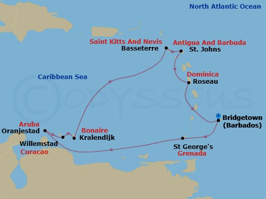 Route map: Bridgetown → St. George's → Oranjestad → Willemstad → Bonaire (Kralendijk) → Basseterre → St. John's → Roseau → Bridgetown