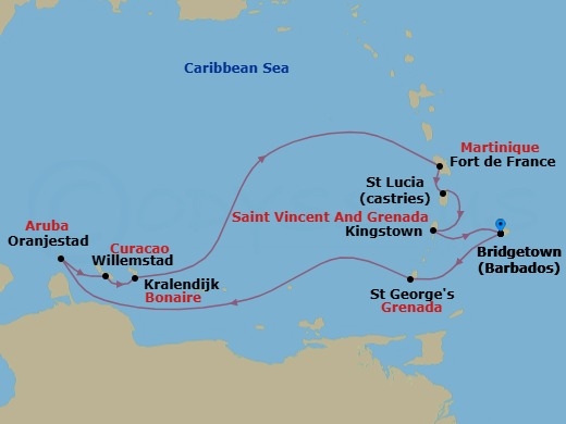 Route map: Bridgetown → St. George's → Oranjestad → Willemstad → Bonaire (Kralendijk) → Fort De France → Castries → Kingstown → Bridgetown