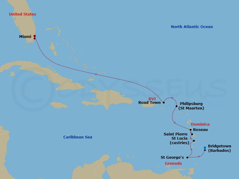 Route map: Bridgetown → Saint George's, Grenada → Castries → Saint- Pierre → Roseau → Philipsburg → Road Town, Tortola → Miami, Florida