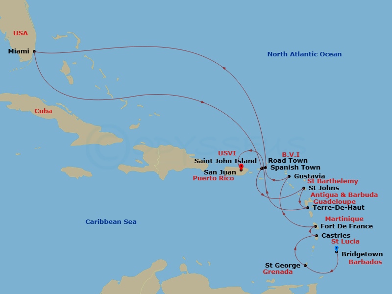 Route map: Bridgetown → St. George's (Grenada) → Castries → Martinique/Fort De France → Gustavia → Spanish Town (Virgin Gorda) → Miami → Saint John/Cruz Bay → St. John's (Antigua) → Terre-De-Haut