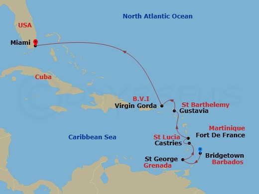 Route map: Bridgetown → St. George's (Grenada) → Castries → Martinique/Fort De France → Gustavia → Spanish Town (Virgin Gorda) → Miami