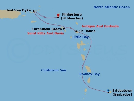 Route map: Bridgetown, Barbados → Rodney Bay, Saint Lucia → Little Bay, Montserrat → St. Johns, Antigua and Barbuda → Carambola Beach, Saint Kitts and Nevis → Great Harbour, Jost van Dyke, British Virgin Islands → Philipsburg, Sint Maarten