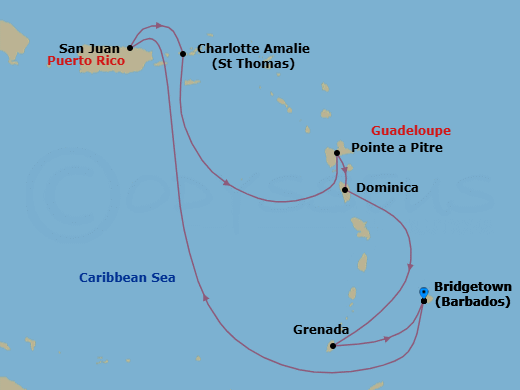 Route map: Barbados → San Juan, Puerto Rico → St. Thomas, Virgin Islands → Guadeloupe (Point-a-Pitre) → Dominica → Grenada → Barbados