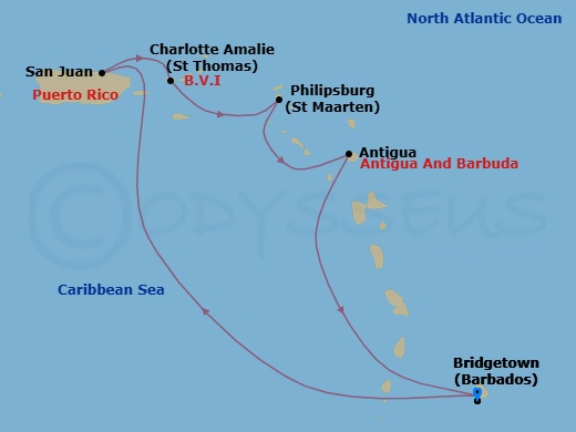 Route map: Barbados → San Juan, Puerto Rico → St. Thomas, Virgin Islands → St. Maarten → Antigua → Barbados