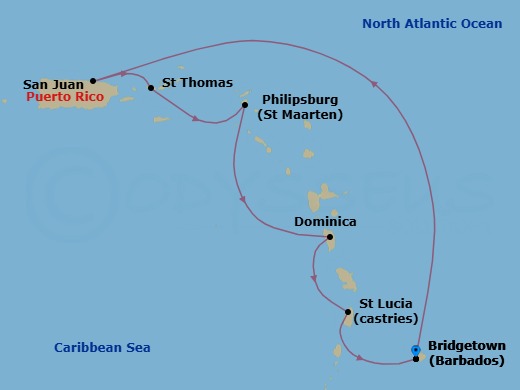 Route map: Barbados → San Juan, Puerto Rico → St. Thomas, Virgin Islands → St. Maarten → Dominica → St. Lucia → Barbados