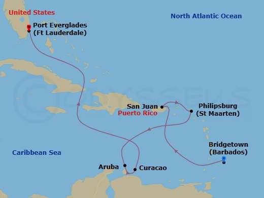Route map: Barbados → San Juan, Puerto Rico → St. Maarten → Aruba → Curacao → Ft. Lauderdale, Florida