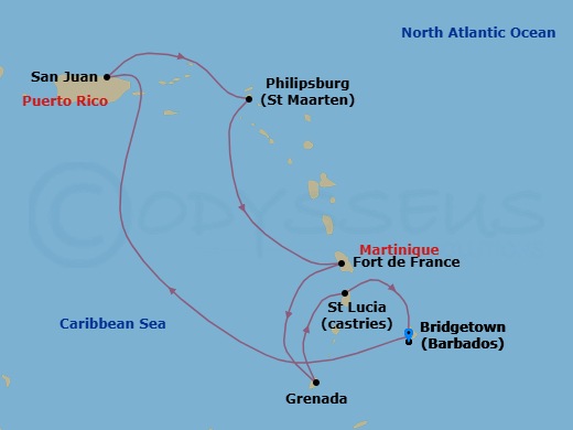 Route map: Barbados → San Juan, Puerto Rico → St. Maarten → Martinique → Grenada → St. Lucia → Barbados