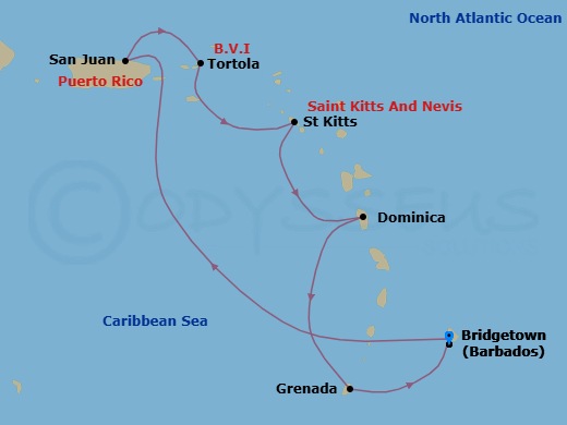 Route map: Barbados → San Juan, Puerto Rico → Tortola, British Virgin Islands → St. Kitts → Dominica → Grenada → Barbados