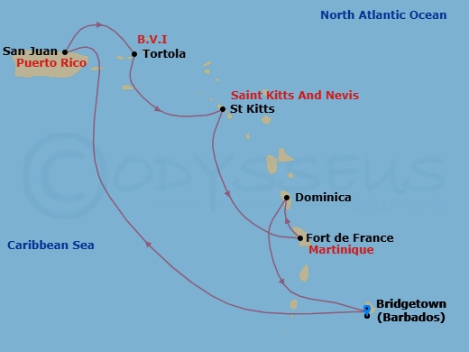 Route map: Barbados → San Juan, Puerto Rico → Tortola, British Virgin Islands → St. Kitts → Martinique → Dominica → Barbados