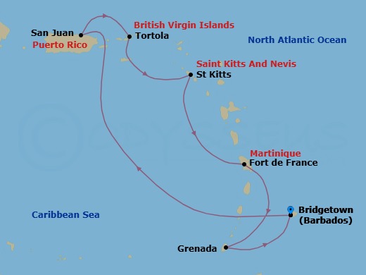 Route map: Barbados → San Juan, Puerto Rico → Tortola, British Virgin Islands → St. Kitts → Martinique → Grenada → Barbados