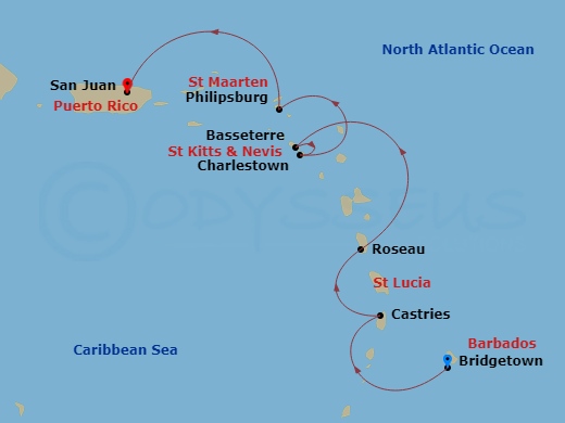 Route map: Bridgetown → Castries → Roseau → Basseterre, St.Kitts → Charlestown, Nevis → Philipsburg → San Juan
