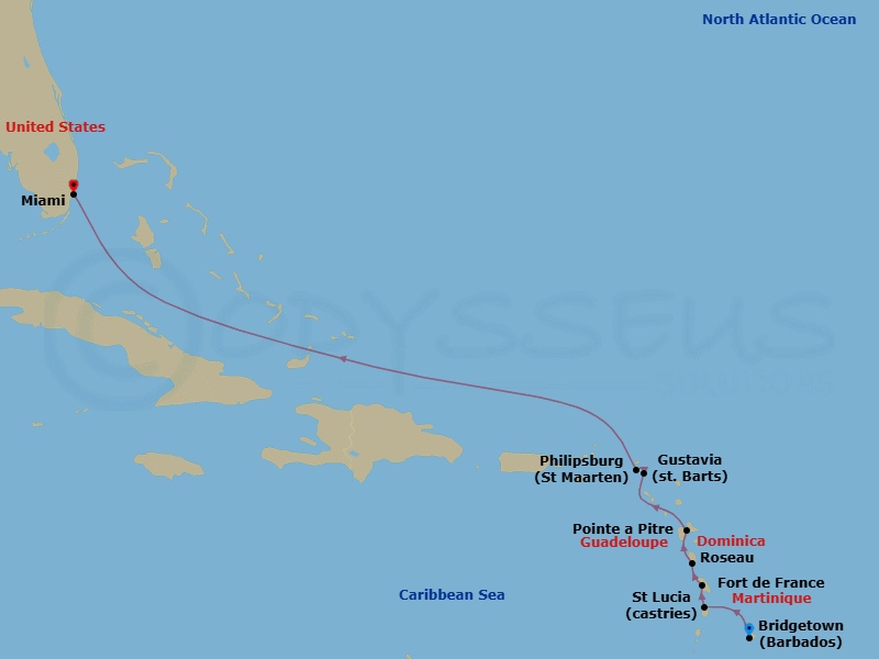 Route map: Bridgetown → Castries → Fort De France → Roseau → Pointe A Pitre → Gustavia → Philipsburg → Miami