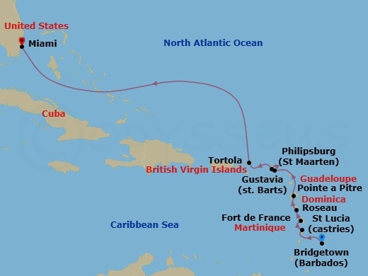 Route map: Bridgetown → Castries → Fort De France → Roseau → Pointe A Pitre → Gustavia → Philipsburg → Tortola → Miami