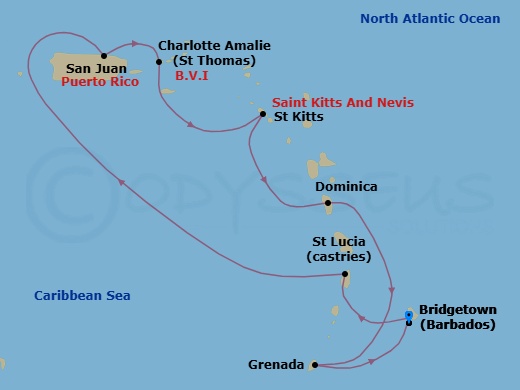 Route map: Barbados → St. Lucia → San Juan, Puerto Rico → St. Thomas, Virgin Islands → St. Kitts → Dominica → Grenada → Barbados
