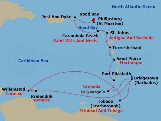 Route map: Bridgetown, Barbados → Rodney Bay, Saint Lucia → Scarborough, Trinidad and Tobago → Willemstad, Curacao → Kralendijk, Bonaire → Bridgetown, Barbados → Saint Georges, Grenada → Port Elizabeth, Bequia, St. Vincent and the Grenadines → Saint Pierre, Martinique → Terre-de-Haut, Iles des Saintes, Guadeloupe
