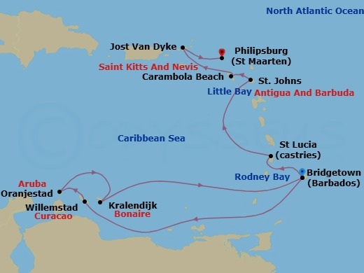 Route map: Bridgetown, Barbados → Rodney Bay, Saint Lucia → Willemstad, Curacao → Oranjestad, Aruba → Kralendijk, Bonaire → Bridgetown, Barbados → Castries, Saint Lucia → Little Bay, Montserrat → St. Johns, Antigua and Barbuda → Carambola Beach, Saint Kitts and Nevis