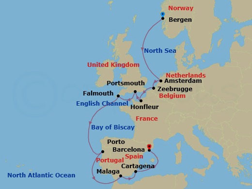 Route map: Bergen → Amsterdam → Bruges (Zeebrugge) → Paris (Honfleur) → Portsmouth → Falmouth → Porto → Granada (Malaga) → Murcia (Cartagena) → Barcelona