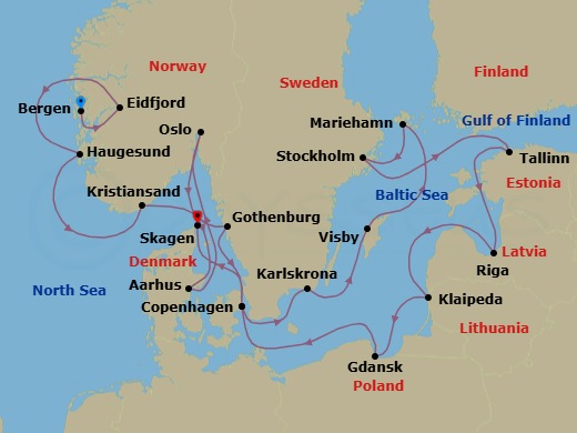 Route map: Bergen → Eidfjord → Haugesund → Kristiansand → Aarhus → Thessaloniki → Oslo → Gothenburg → Copenhagen → Berlin (Warnemunde)