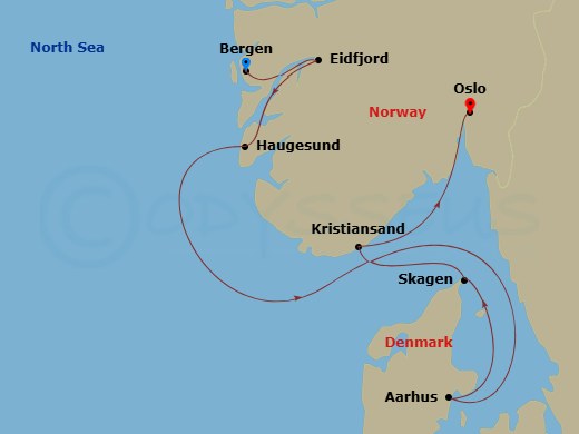 Route map: Bergen → Eidfjord → Haugesund → Kristiansand → Aarhus → Skagen → Oslo