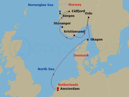 Route map: Bergen → Eidfjord → Stavanger → Kristiansand → Oslo → Skagen → Amsterdam