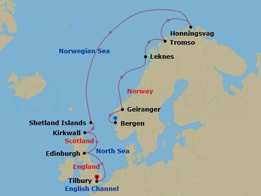 Route map: Bergen → Geiranger → Lofoten (Leknes) → Tromso → Honningsvag → Shetland Islands (Lerwick) → Orkney Islands (Kirkwall) → Edinburgh (Newhaven Harbour) → London (Tilbury)