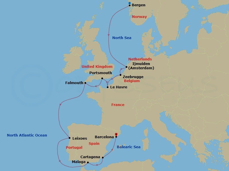 Route map: Bergen → Amsterdam (Ijmuiden) → Zeebrugge → Le Havre → Portsmouth → Falmouth → Leixoes → Malaga → Cartagena → Barcelona