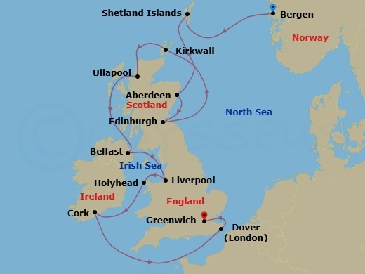 Route map: Bergen → Shetland Islands (Lerwick) → Aberdeen → Edinburgh (Newhaven Harbour) → Orkney Islands (Kirkwall) → The Highlands (Ullapool) → Belfast → Liverpool → Holyhead → Cork (Ringaskiddy)