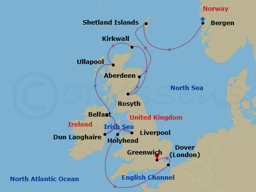 Route map: Bergen → Shetland Islands (Lerwick) → Aberdeen → Rosyth (Edinburgh) → Orkney Islands (Kirkwall) → The Highlands (Ullapool) → Belfast (Bangor) → Dublin (Dun Laoghaire) → Liverpool → Holyhead