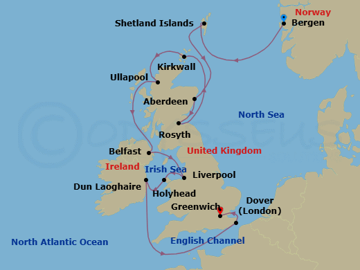 Route map: Bergen → Shetland Islands (Lerwick) → Aberdeen → Rosyth (Edinburgh) → Orkney Islands (Kirkwall) → The Highlands (Ullapool) → Belfast → Liverpool → Holyhead → Dublin (Dun Laoghaire)