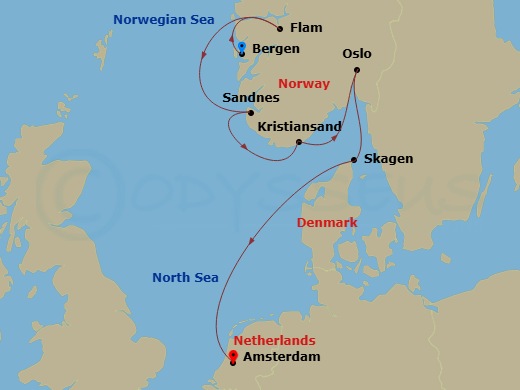 Route map: Bergen → Flam → Sandnes → Kristiansand → Oslo → Skagen → Amsterdam
