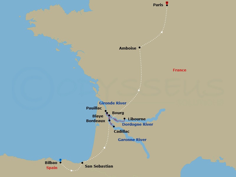 Route map: Bilbao → San Sebastian → Bordeaux → Libourne → Blaye → Engelhartszell → Pauillac → Cadillac → Bordeaux → Loire Valley / Amboise
