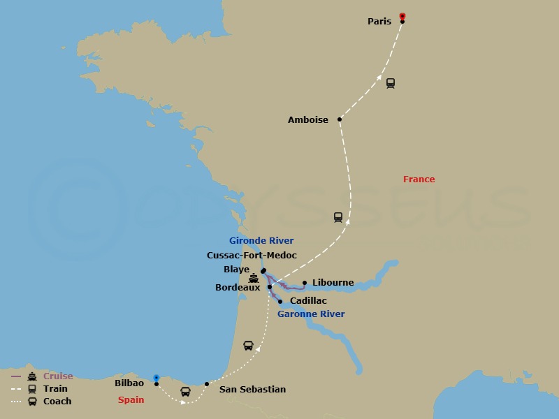 Route map: Bilbao → San Sebastian → Bordeaux → Libourne → Blaye → Engelhartszell → Cussac-Fort-Medoc → Cadillac → Bordeaux → Loire Valley / Amboise