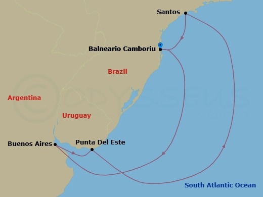 Route map: Balneario Camboriu → Buenos Aires → Punta Del Este → Santos → Balneario Camboriu