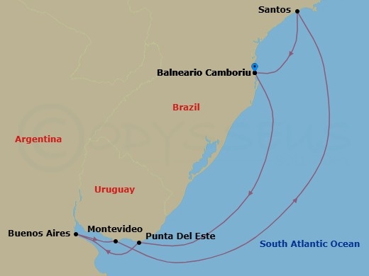 Route map: Balneario Camboriu → Punta Del Este → Buenos Aires → Montevideo → Santos → Balneario Camboriu