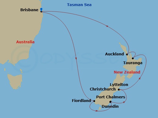 Route map: Brisbane, Australia → Dunedin (Port Chalmers), New Zealand → Christchurch (Lyttelton), New Zealand → Tauranga, New Zealand → Auckland, New Zealand → Brisbane, Australia