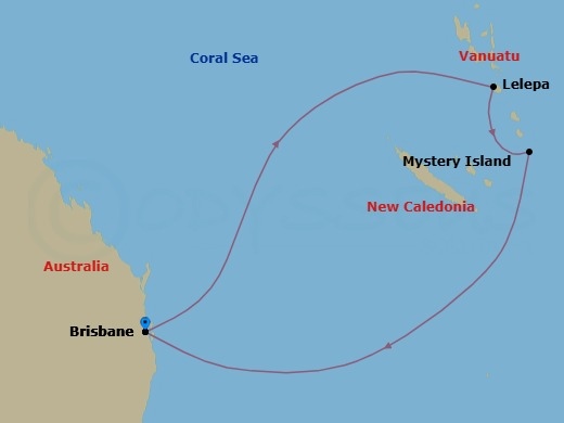 Route map: Brisbane, Australia → Royal Beach Club Lelepa → Mystery Island, Vanuatu → Brisbane, Australia