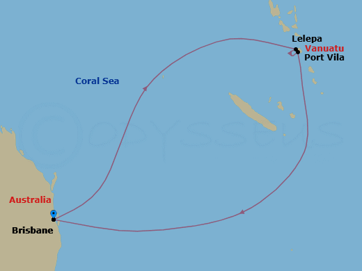Route map: Brisbane, Australia → Royal Beach Club Lelepa → Vila, Vanuatu → Brisbane, Australia