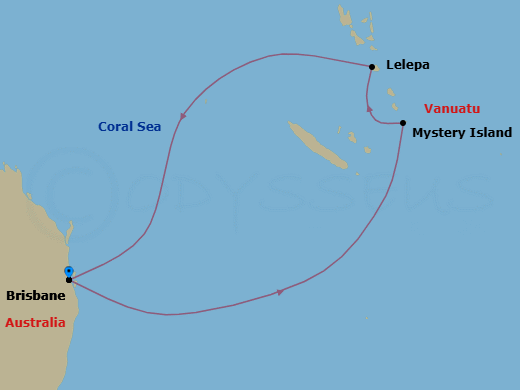 Route map: Brisbane, Australia → Mystery Island, Vanuatu → Royal Beach Club Lelepa → Brisbane, Australia