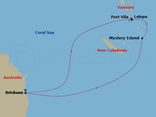 Route map: Brisbane, Australia → Mystery Island, Vanuatu → Vila, Vanuatu → Royal Beach Club Lelepa → Brisbane, Australia