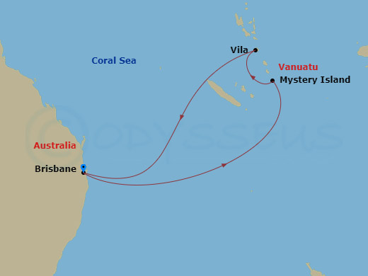 Route map: Brisbane, Australia → Mystery Island, Vanuatu → Vila, Vanuatu → Brisbane, Australia