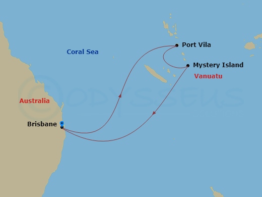 Route map: Brisbane, Australia → Vila, Vanuatu → Mystery Island, Vanuatu → Brisbane, Australia