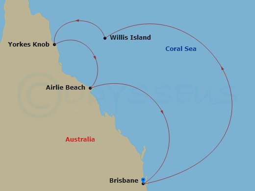 Route map: Brisbane, Australia → Cairns(Yorkey's Knob),Austrl → Airlie Beach, Qld, Australia → Brisbane, Australia