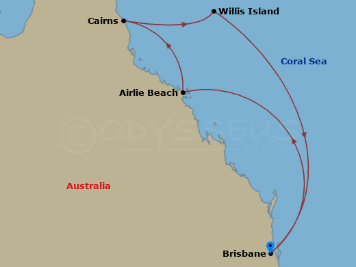 Route map: Brisbane, Australia → Airlie Beach, Australia → Cairns, Australia → Willis Island, Australia → Brisbane, Australia