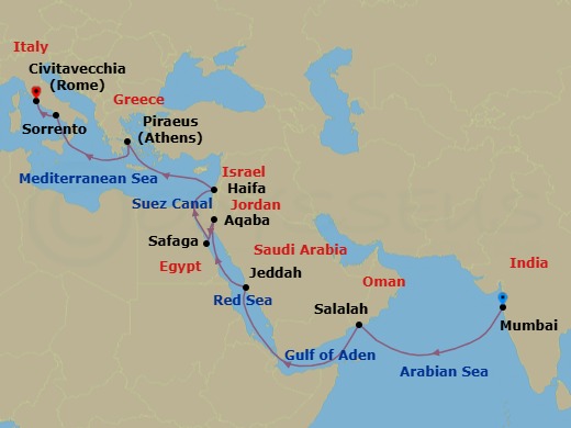 Route map: Mumbai (Bombay) → Salalah → Jeddah → Aqaba → Luxor (Safaga) → Suez Canal Transit → Jerusalem (Haifa) → Athens (Piraeus) → Sorrento/Capri → Rome (Civitavecchia)