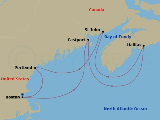 Route map: Boston, Ma → Eastport, Me → Halifax, Canada → Saint John   Bay Of Fundy, Canada → Portland  Maine, Me → Boston, Ma