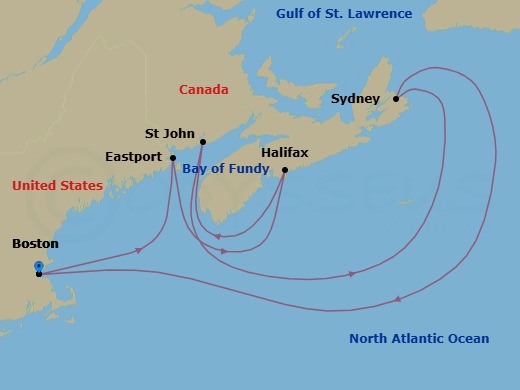 Route map: Boston, Ma → Eastport, Me → Halifax, Canada → Saint John   Bay Of Fundy, Canada → Sydney  Cape Breton Island  Ns, Canada → Boston, Ma